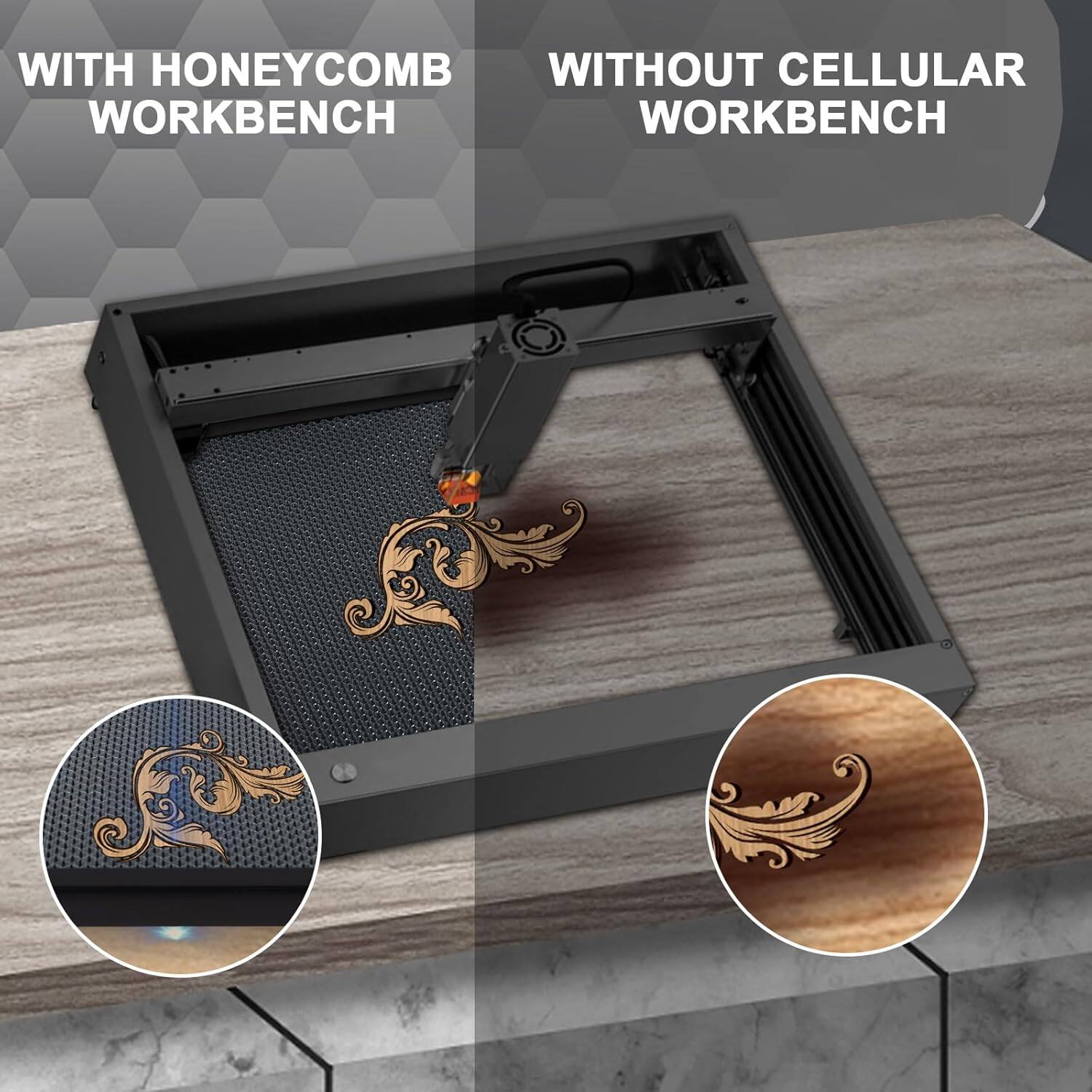 WITH HONEYCOMB WORKBENCH:

* The image shows a workbench with a honeycomb design.
* The workbench has a honeycomb pattern on the surface.
* The honeycomb design provides a unique and visually appealing look to the workbench.
* The honeycomb pattern adds an interesting texture to the workbench.

WITHOUT CELLULAR WORKBENCH:

* The image shows a workbench without a cellular design.
* The workbench has a plain surface without any cellular pattern.
* The absence of a cellular design makes the workbench appear more traditional and simple.
* The plain surface of the workbench provides a clean and uncluttered appearance.