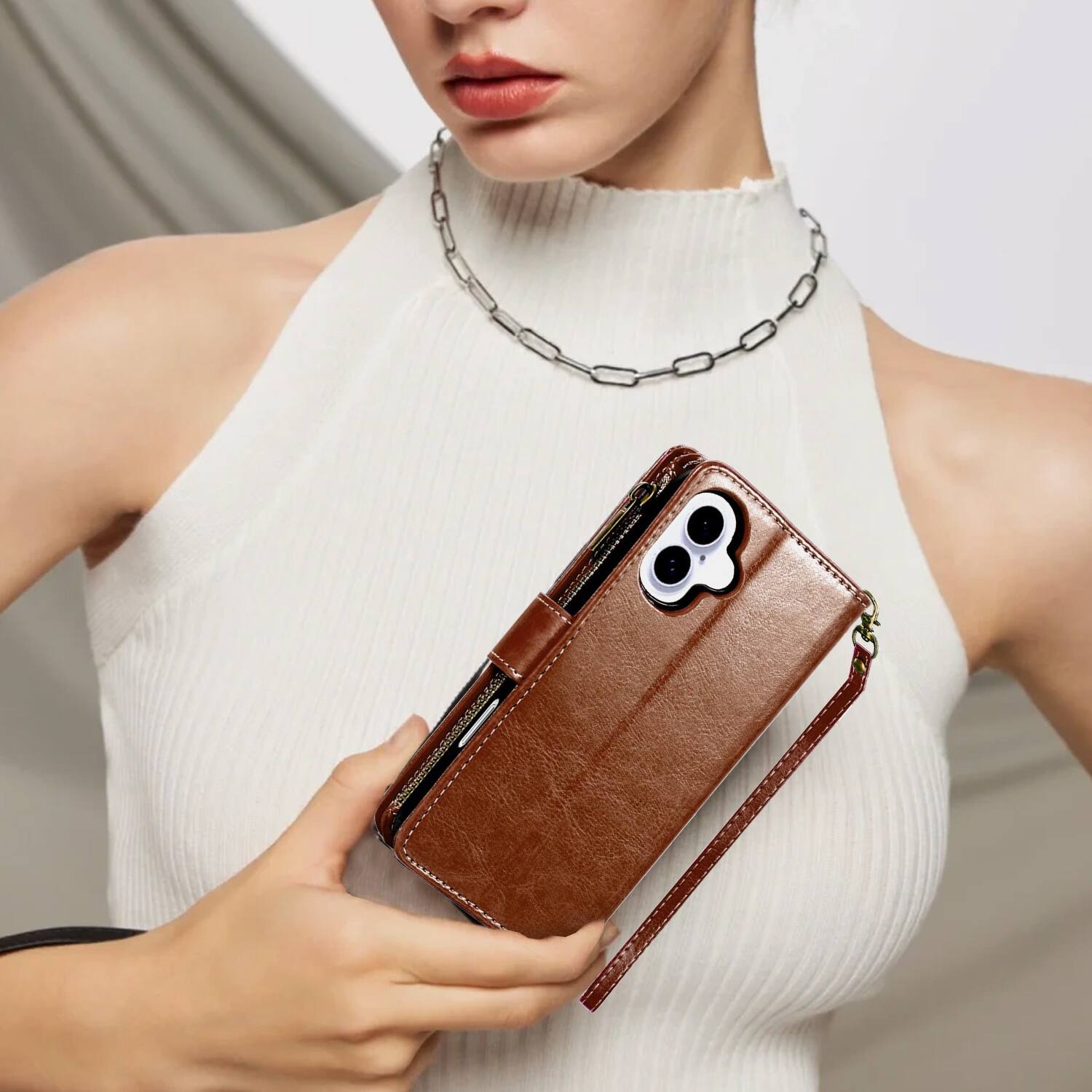 Alt View 7. Equipd - Phone Case for iPhone 16 (6.1"), Luxury Wallet Card ID Zipper Money Holder Cover - Brown.