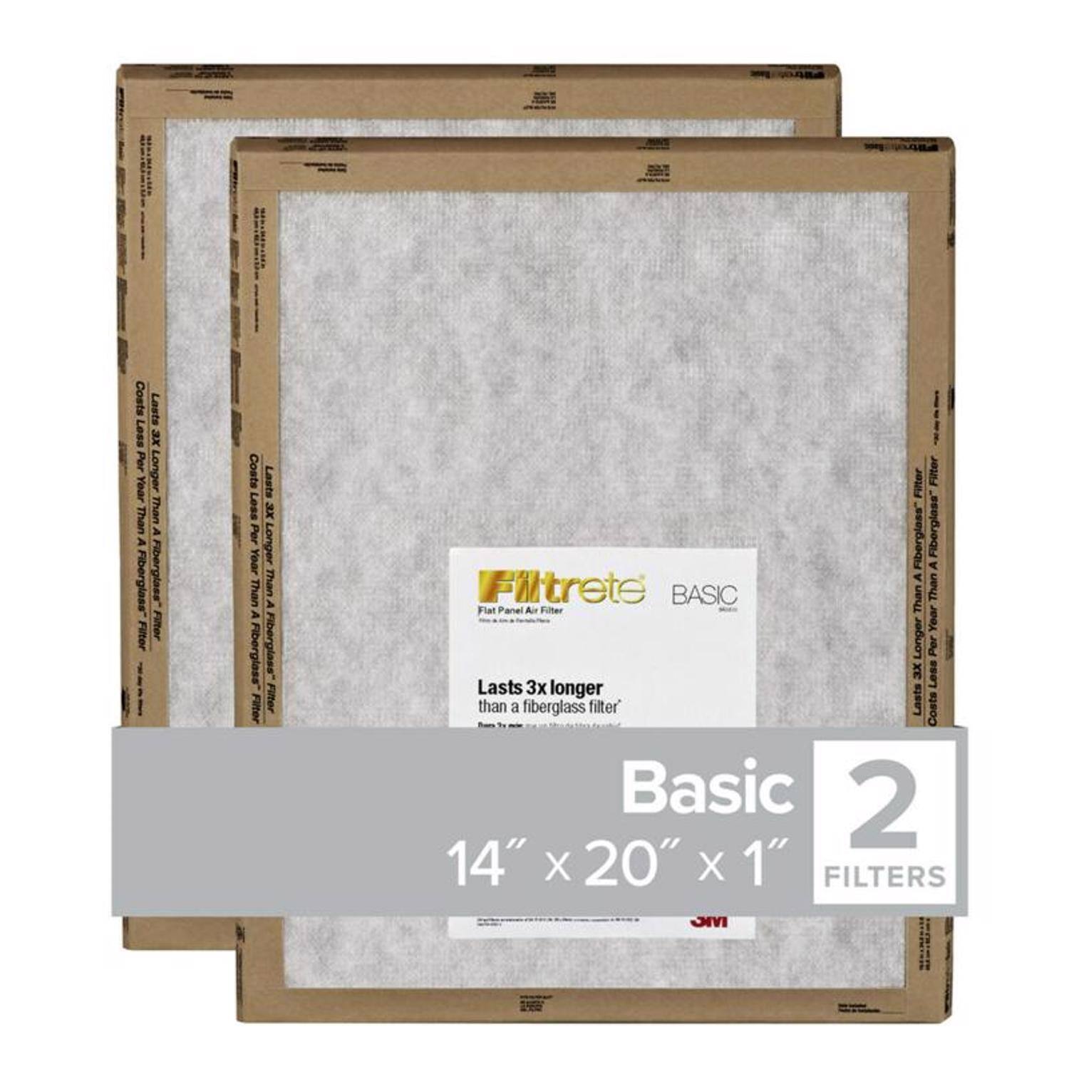 Costs Less Per Year Than A Fiberglass Filter  
Lasts 3x Longer Than A Fiberglass Filter  

Filtrete BASIC  
Flat Panel Air Filter  

14" x 20" x 1" FILTERS  
2 FILTERS