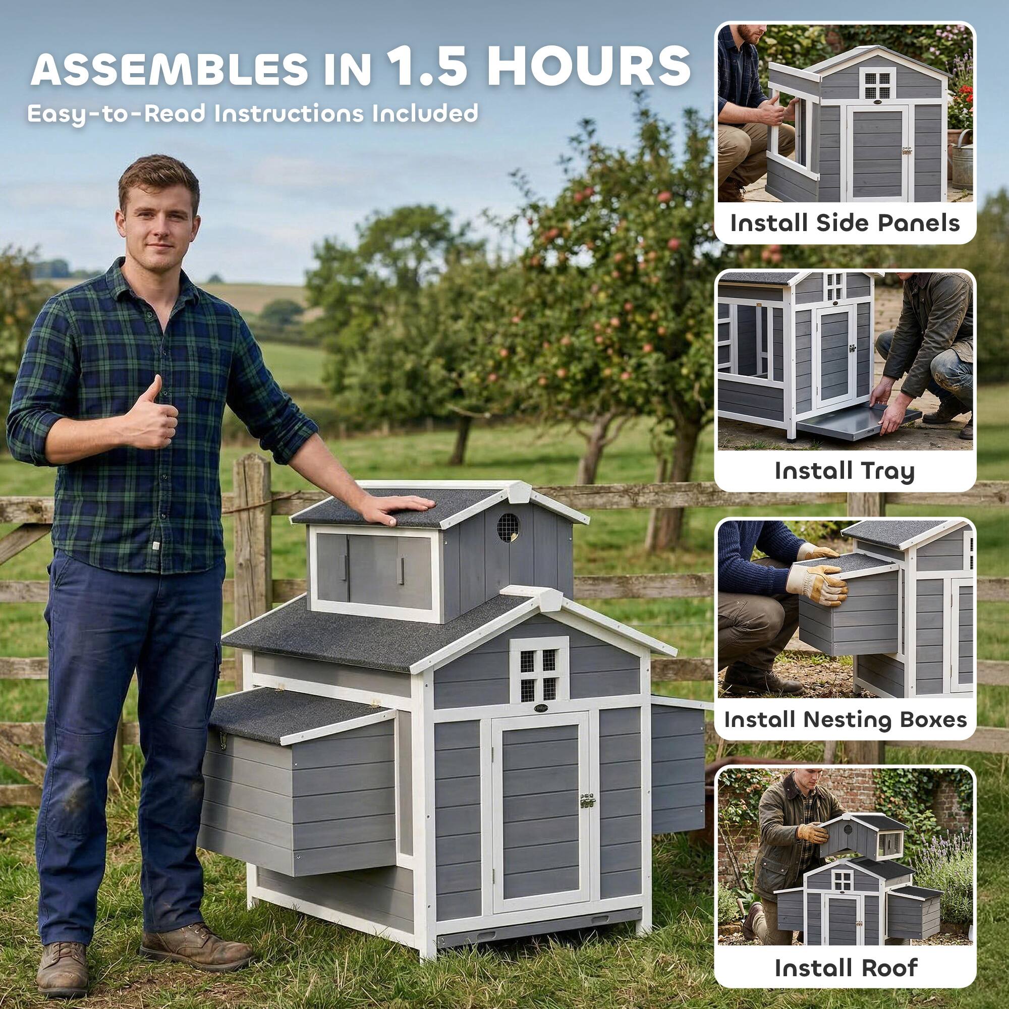 ASSEMBLES IN 1.5 HOURS  
Easy-to-Read Instructions Included

- Install Side Panels
- Install Tray
- Install Nesting Boxes
- Install Roof