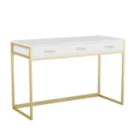 Martha Stewart - Ollie White 3 Drawer Home Office Desk with Polished Brass Metal Frame and Hardware - White Top/Polished Brass Frame - Front_Zoom