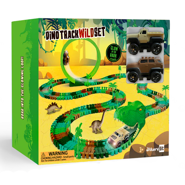 Dino Track Wildset  
Glow in the Dark  
Build the Glowing Loop!  
Glowing the Into Roar  
Dino Track Wildset Glow in the Dark  
Stare it  
WARNING: CHOKING HAZARD - Small parts. Not for children under 3 years.  
3+  
Jigery Cut
