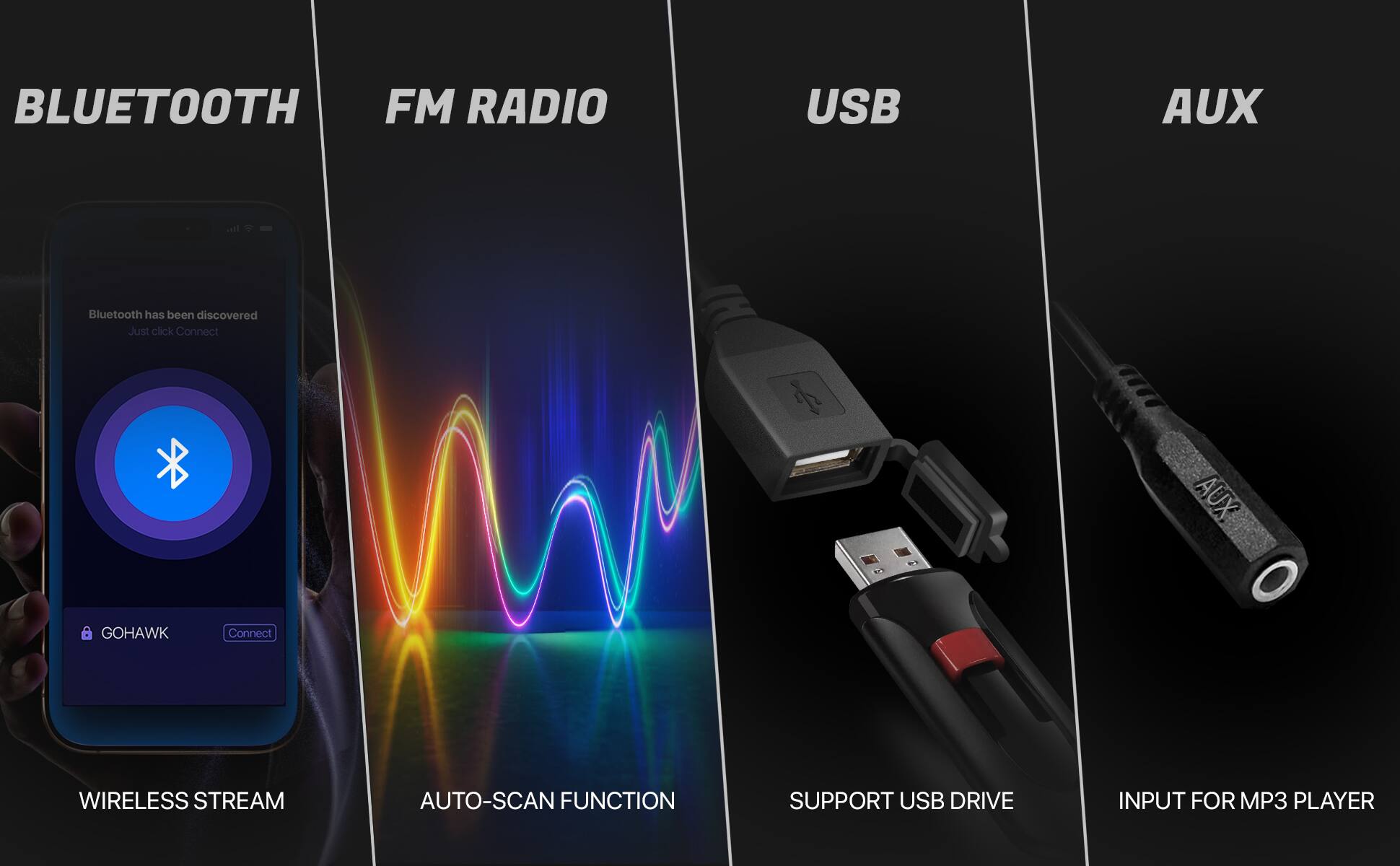 BLUETOOTH FM RADIO USB AUX

- Bluetooth has been discovered
- Just click Connect
- AUX GOHAWK
- Connect
- WIRELESS STREAM
- AUTO-SCAN FUNCTION
- SUPPORT USB DRIVE
- INPUT FOR MP3 PLAYER