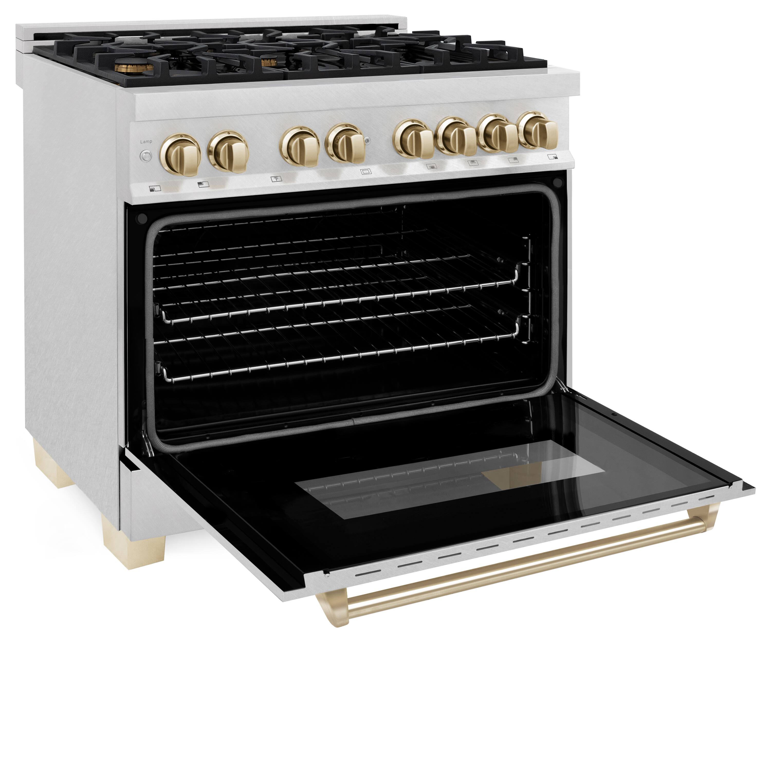 Alt View 2. ZLINE - ZLINE Autograph 36 in. Legacy Dual Fuel Range in Satin Steel & Gold Accents (RASZ-SN-36-G) - Stainless steel.