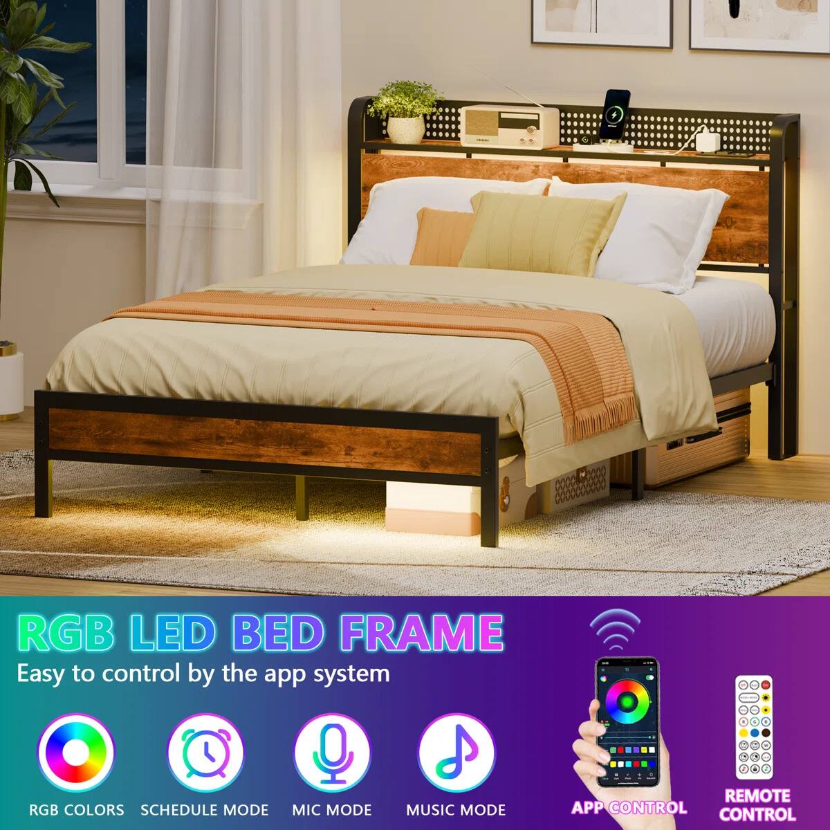 RGB LED BED FRAME  
Easy to control by the app system  

RGB COLORS  
SCHEDULE MODE  
MIC MODE  
MUSIC MODE  

APP CONTROL  
REMOTE CONTROL