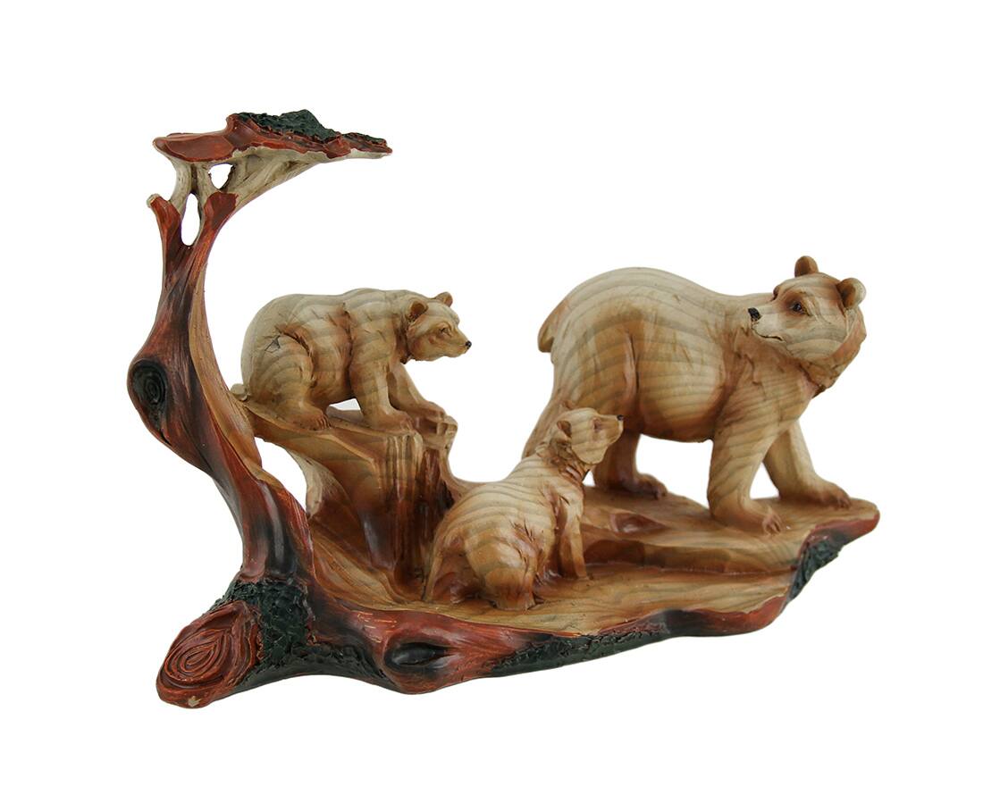 Front. Zeckos - Mother Bear and Cubs Carved Wood Look Resin Statue - Beige.