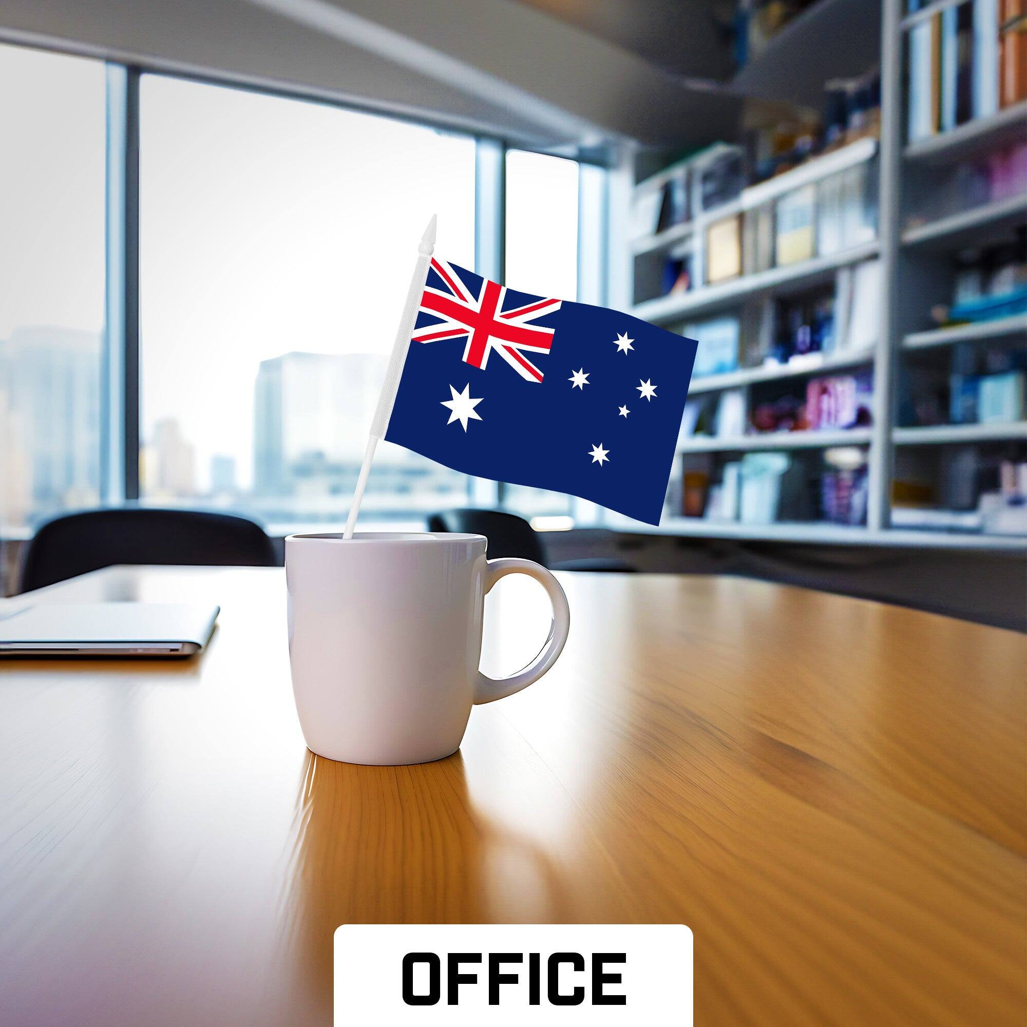 Left. G128 - 50-Pack Handheld Australian Flags, 4 x 6 in, 150D Polyester on Plastic Stick with Spear Tip - Assorted Colors.