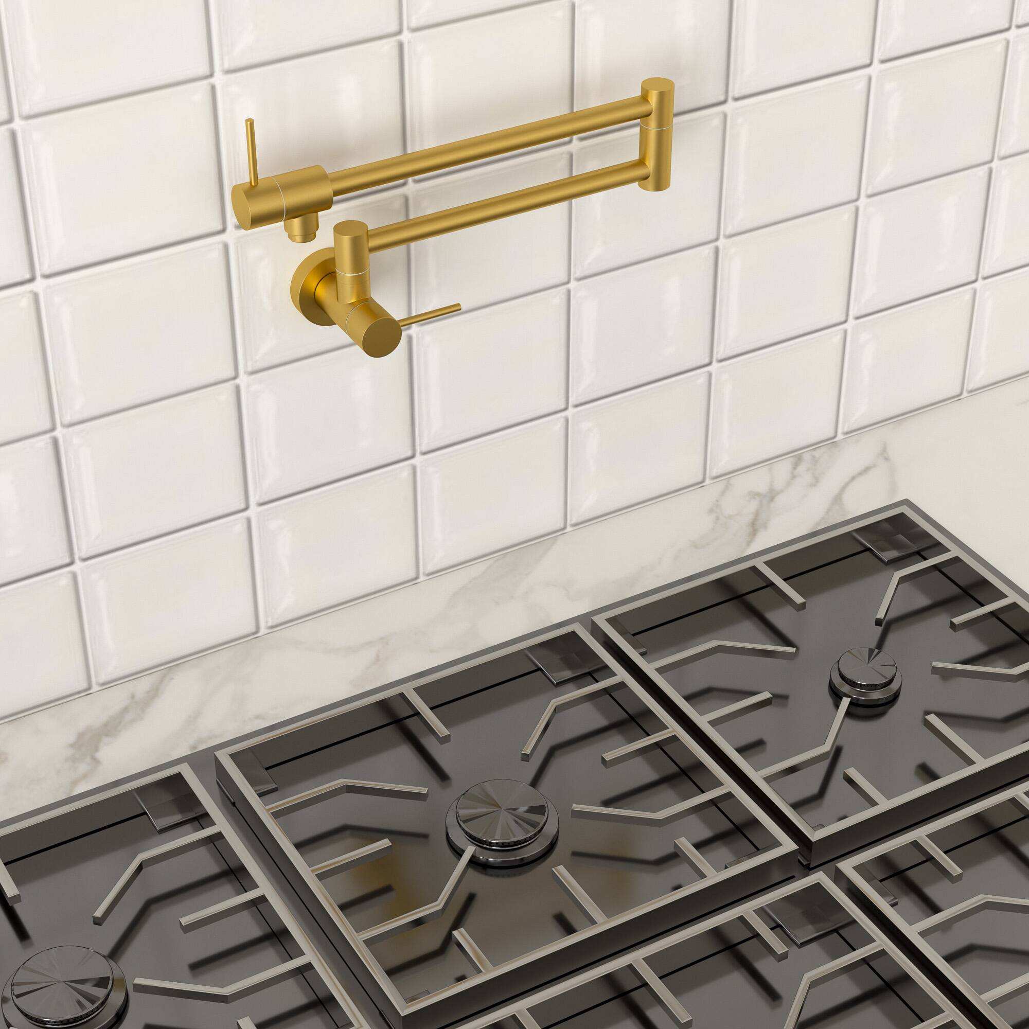 Angle. Lordear - Gold Wall Mount Kitchen Sink Faucet Folding Stretchable with Single Hole Two Handles - Gold.