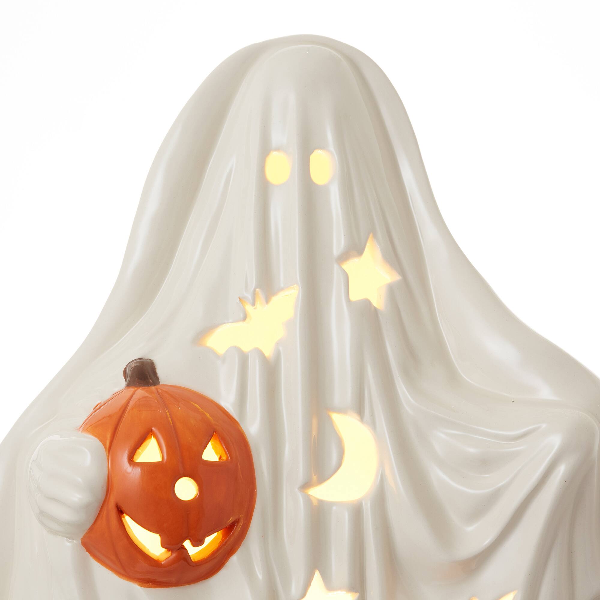 Alt View 2. Casafield - Pre-Lit Ceramic Halloween Hand-Painted Tabletop Indoor Home Decor - White Ghost.