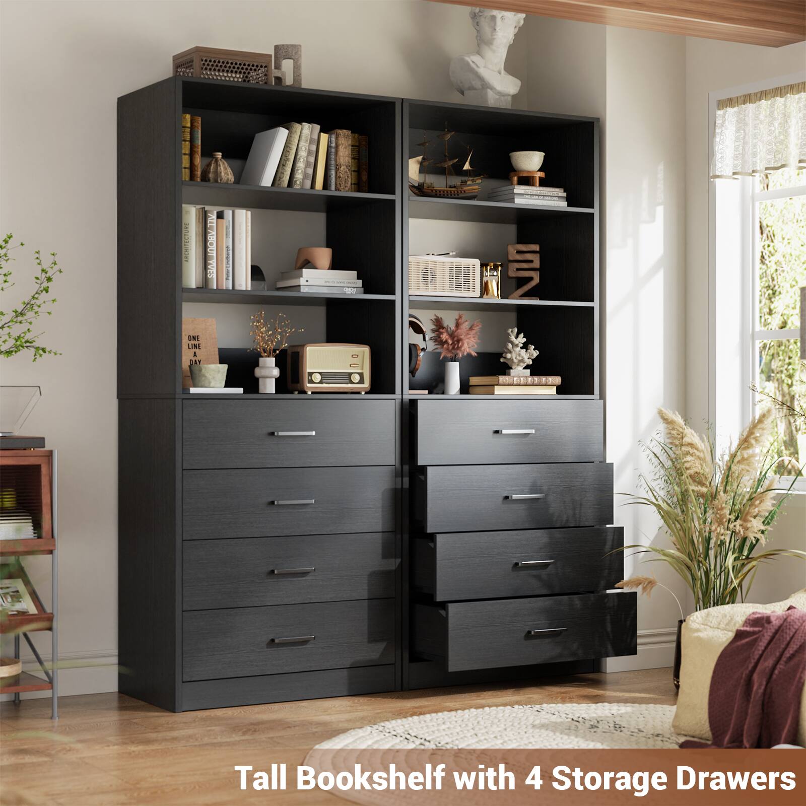 Tall Bookshelf with 4 Storage Drawers