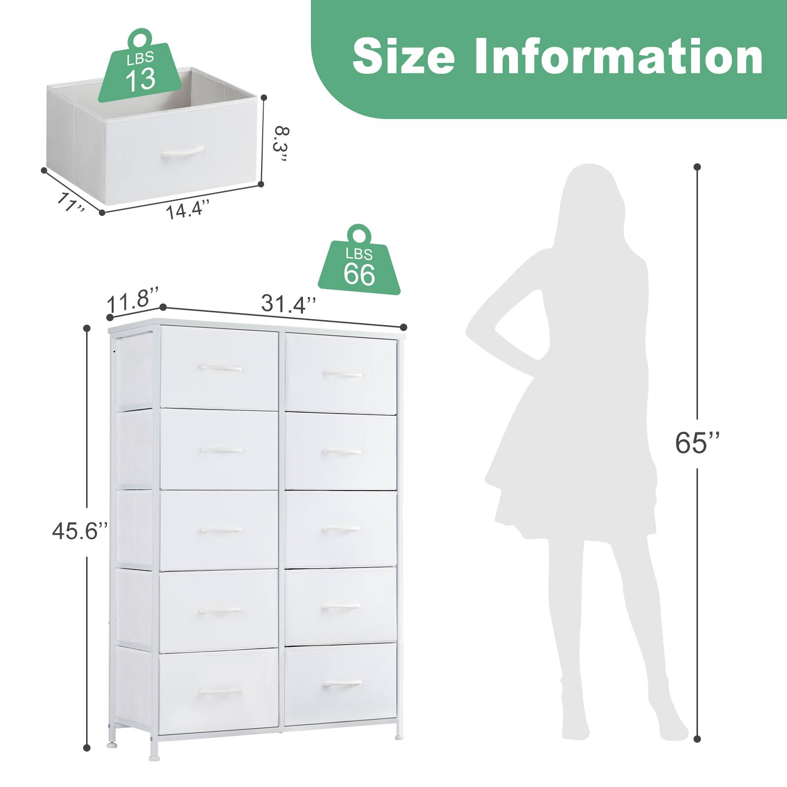 The image shows a white dresser with a woman's silhouette and size information. The dresser is 11.8 inches tall, 14.4 inches wide, and 8.3 inches deep. The woman's silhouette is positioned next to the dresser, indicating the scale of the dresser in comparison to a human figure.