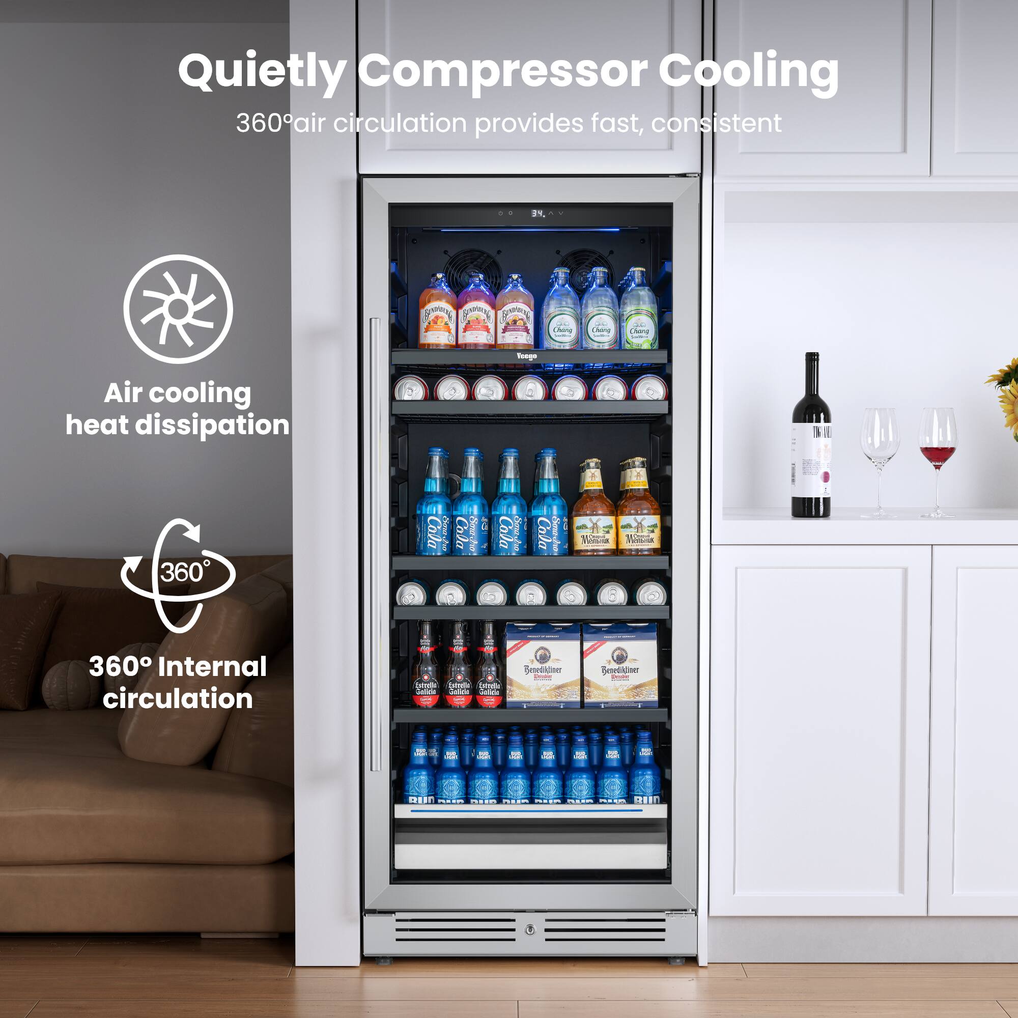 Quietly Compressor Cooling  
360° air circulation provides fast, consistent cooling  

Air cooling heat dissipation  

360° Internal circulation