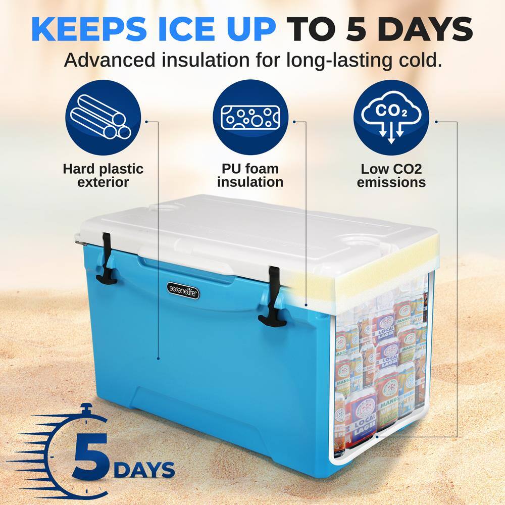 KEEPS ICE UP TO 5 DAYS  
Advanced insulation for long-lasting cold.  

- Hard plastic exterior  
- PU foam insulation  
- Low CO2 emissions  

serenelife  

5 DAYS