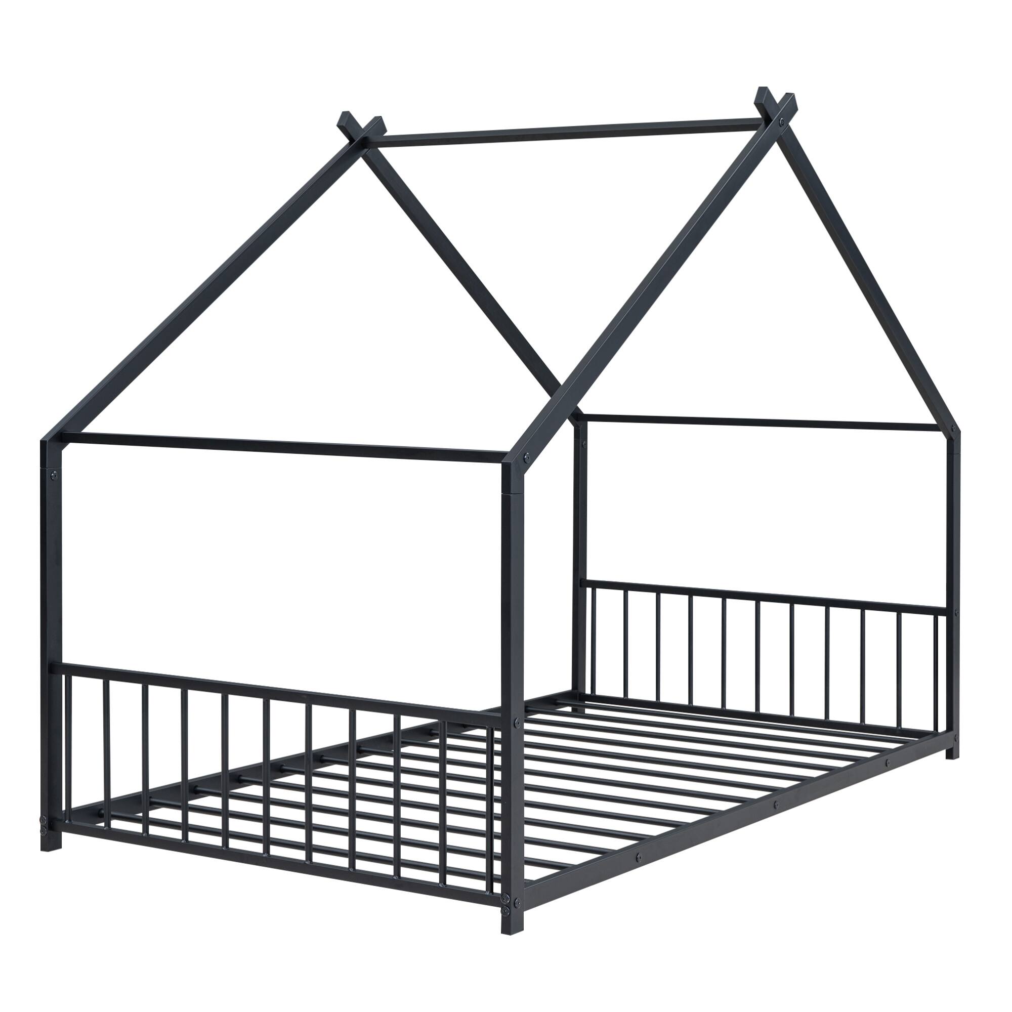 Back. GOODSILO - Twin Size Metal House Frame Bed with Playful Roof Design for Children's Bedroom and Play Area - Black.