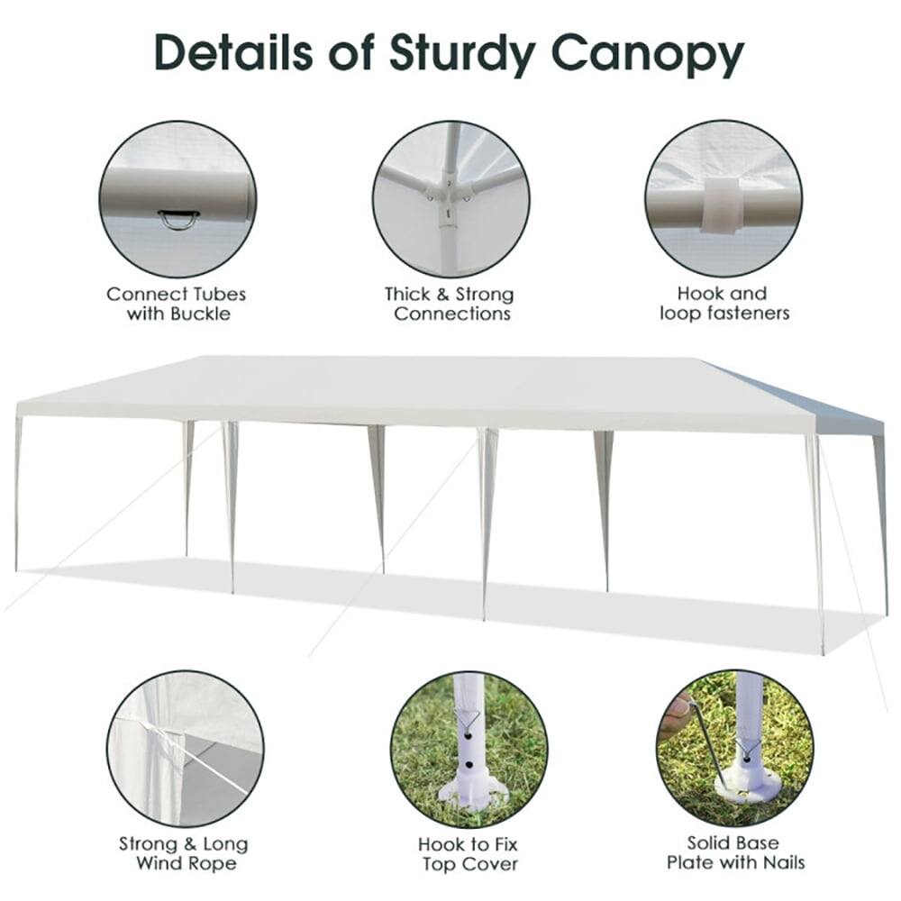 Details of Sturdy Canopy

- Connect Tubes with Buckle
- Thick & Strong Connections
- Hook and loop fasteners
- Strong & Long Wind Rope
- Hook to Fix Top Cover
- Solid Base Plate with Nails