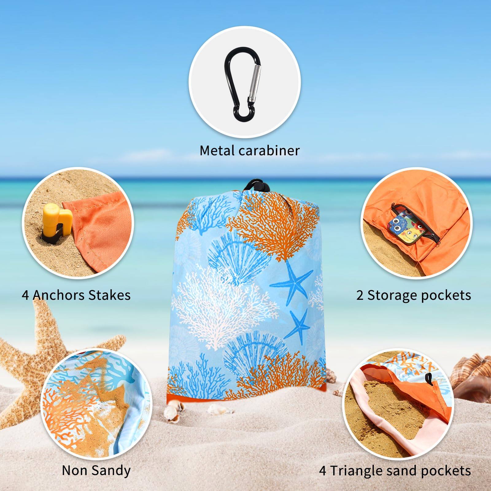 - Metal carabiner
- 4 Anchors Stakes
- 2 Storage pockets
- Non Sandy
- 4 Triangle sand pockets