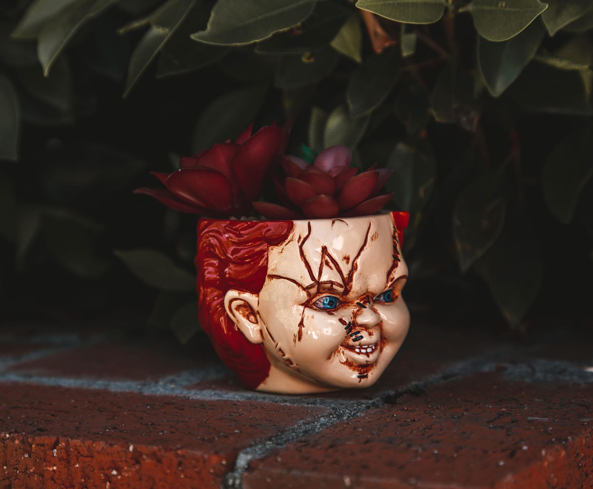 Alt View 4. Silver Buffalo - Child's Play Chucky 3-Inch Ceramic Mini Planter with Artificial Succulent - Red.