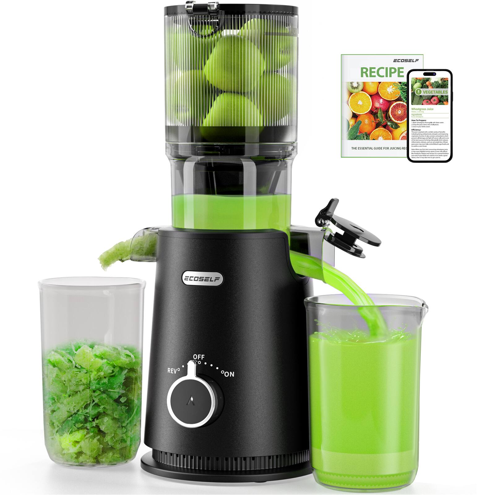 Ecoself - Juicer Machine with 4.35" Wide Mouth & Large Feed Chute, Cold Press Juicer For Fruits & Vegetable - Black