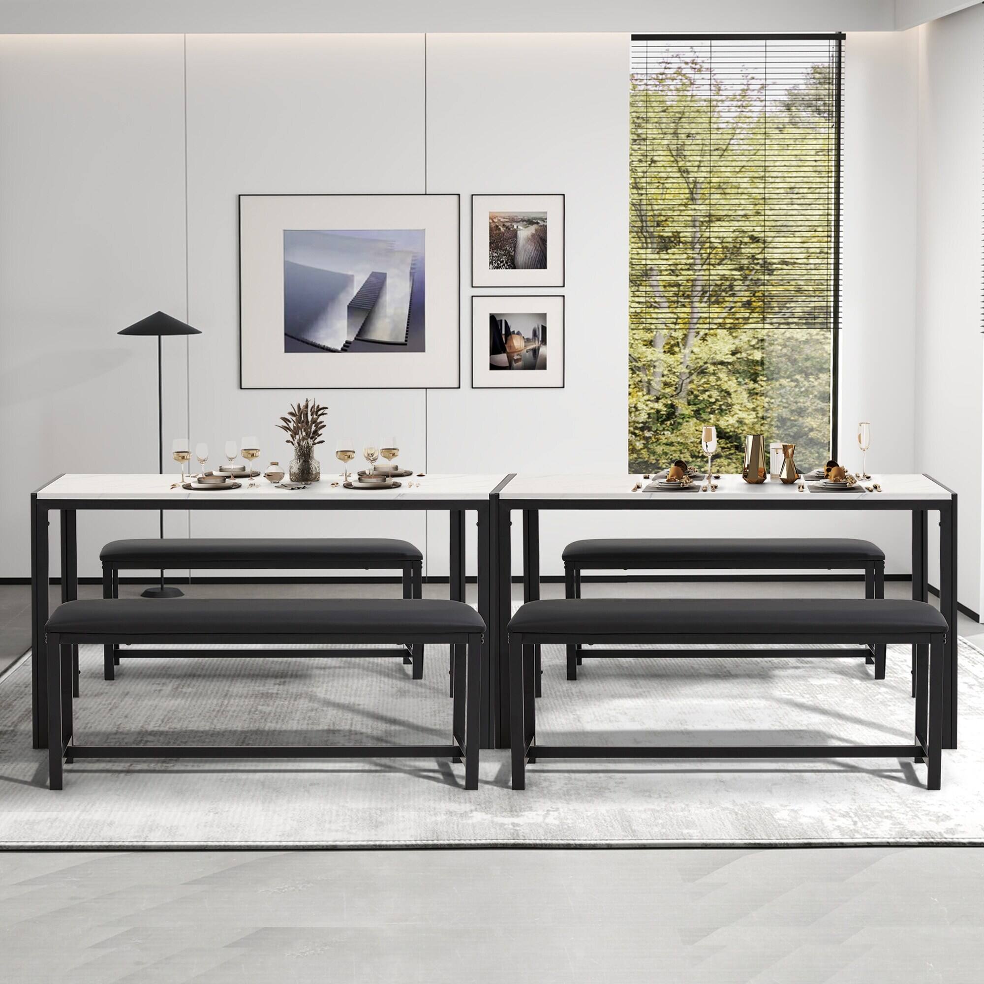 Alt View 7. U-HOMY - 3-Piece Dining Table Set for 4-6, Faux Marble Top with PU Leather Benches and Storage Shelf - Black&White.