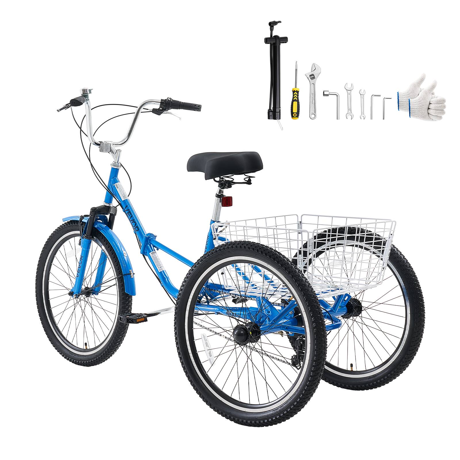 Alt View 5. VEVOR - Folding Adult Tricycle 24 inch 7 Speed Foldable Trikes for Adult, 3 Wheel Cruiser Bike w/ Cargo Basket, Adjustable Seat - Blue.