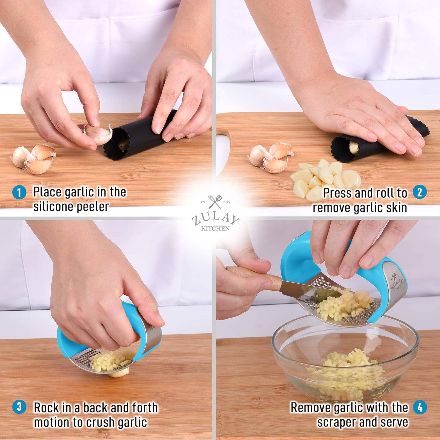 1. Place garlic in the silicone peeler
2. Press and roll to remove garlic skin
3. Rock in a back and forth motion to crush garlic
4. Remove garlic with the scraper and serve