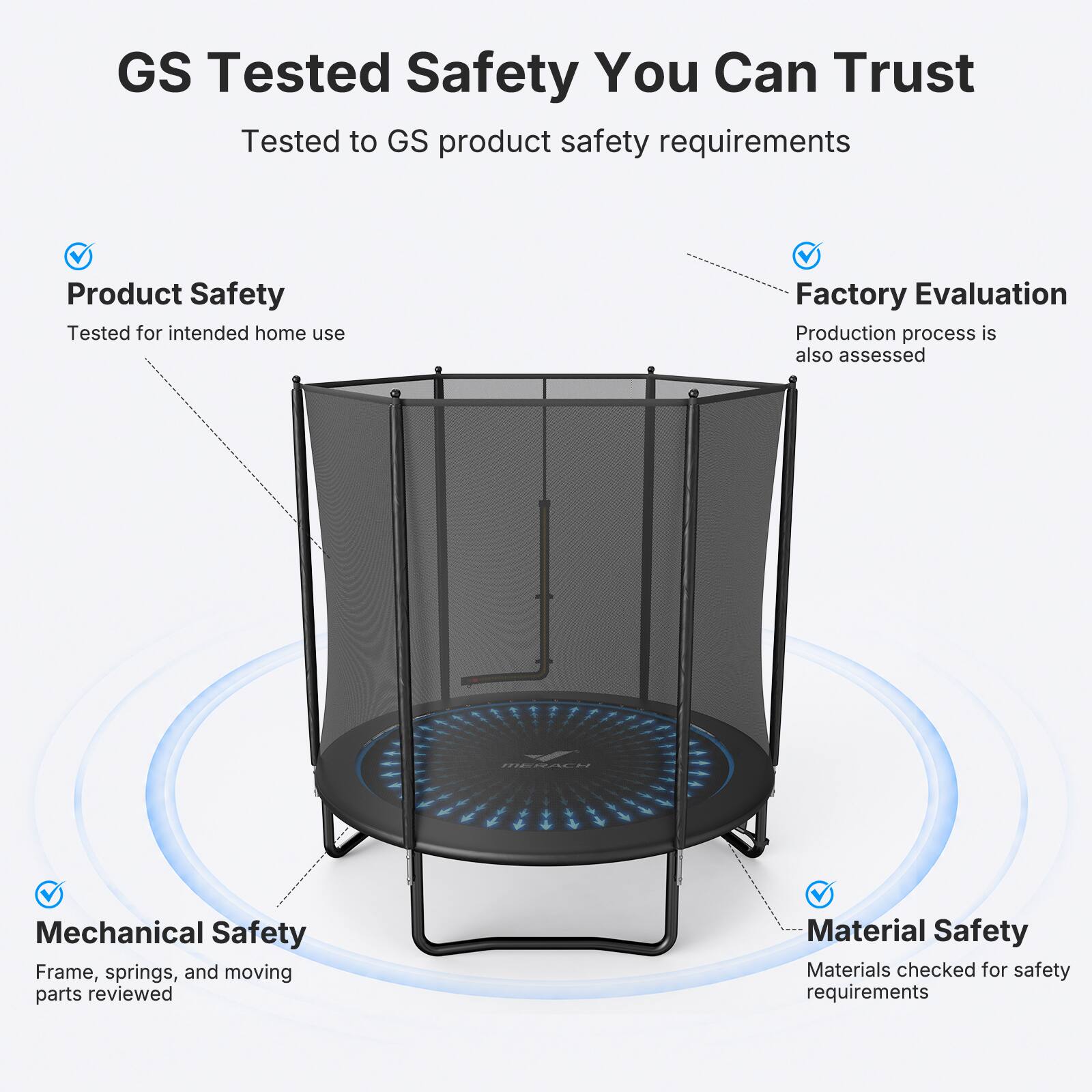 GS Tested Safety You Can Trust  
Tested to GS product safety requirements  

Product Safety  
Tested for intended home use  

Factory Evaluation  
Production process is also assessed  

Mechanical Safety  
Frame, springs, and moving parts reviewed  

Material Safety  
Materials checked for safety requirements