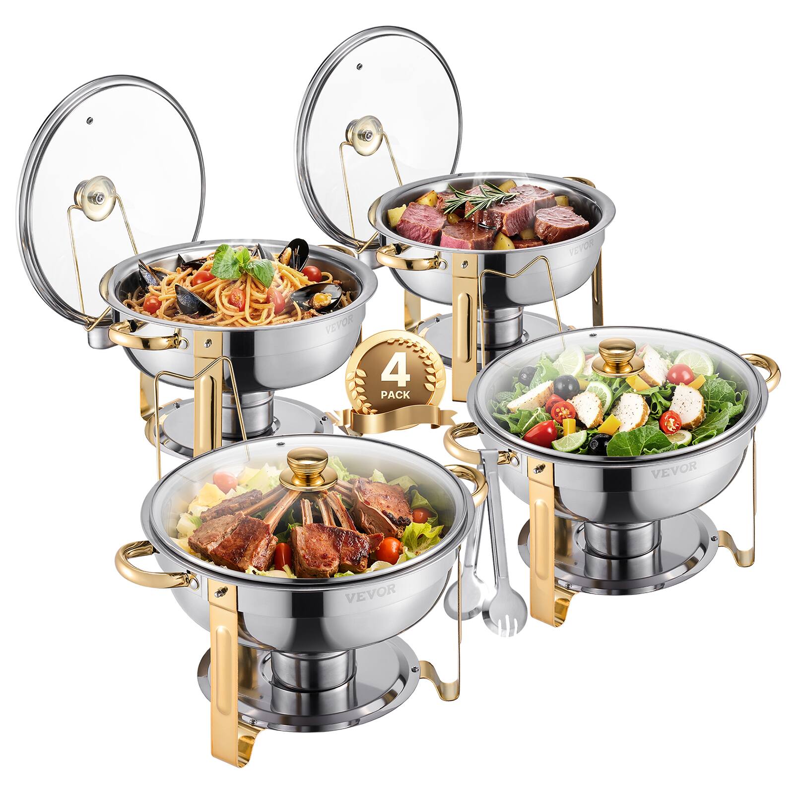 VEVOR - Chafing Dish Buffet Set, 5 Qt 4 Pack, Stainless Steel Chafer with 4 Full Size Pan, Round Catering Warmer Server - Gold ,Silver