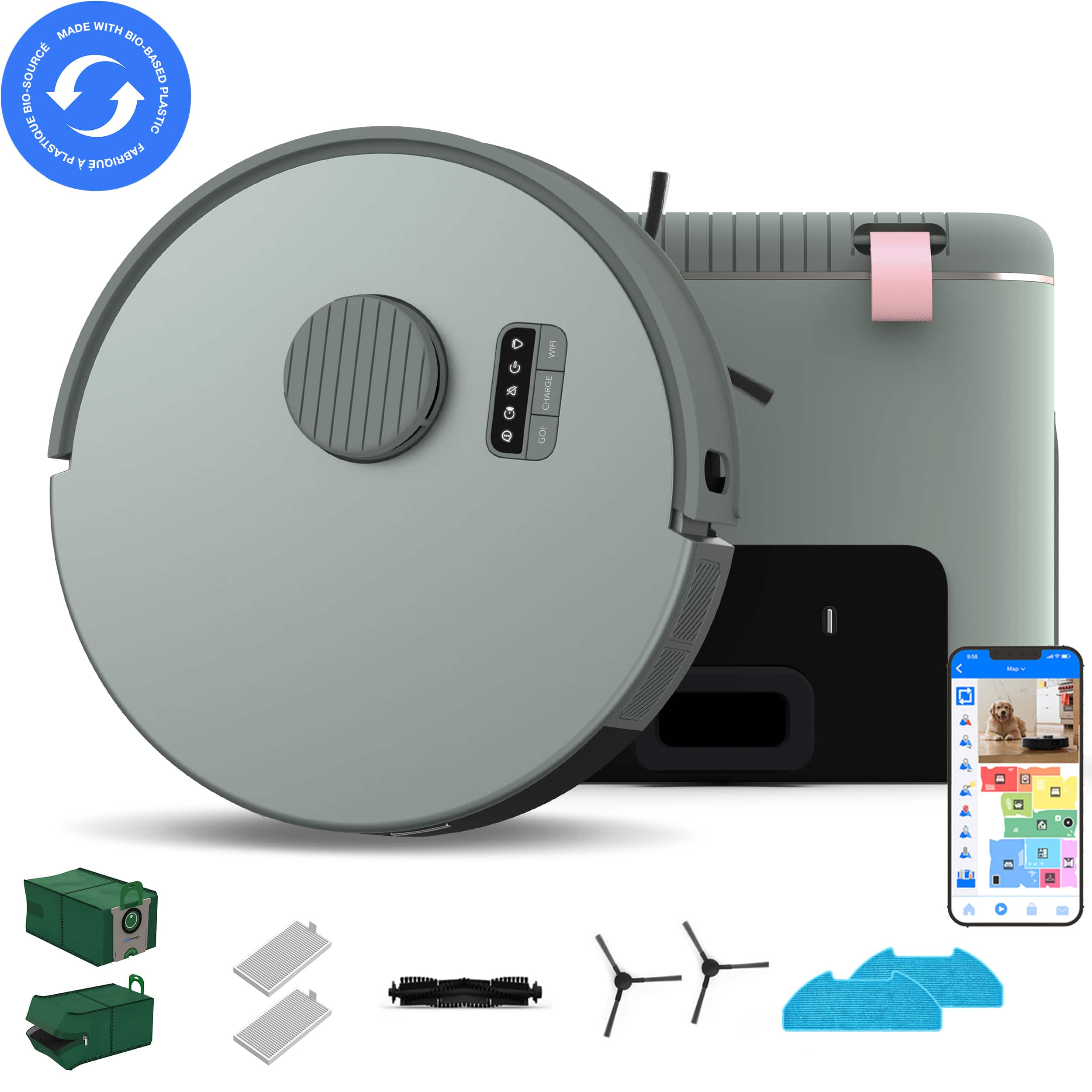 bObsweep - Bio Self-Empty Robot Vacuum & Mop w. 100-Day Dock, Reusable Activated Charcoal Odor Filtration Bags, Made of Bio-Plastic - Ravine