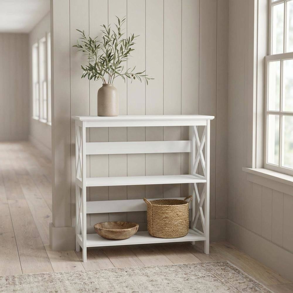 Back. FurniFact - Wooden 3-Tier Bookcase with Non-Lead Base Paint for Home Storage - White.