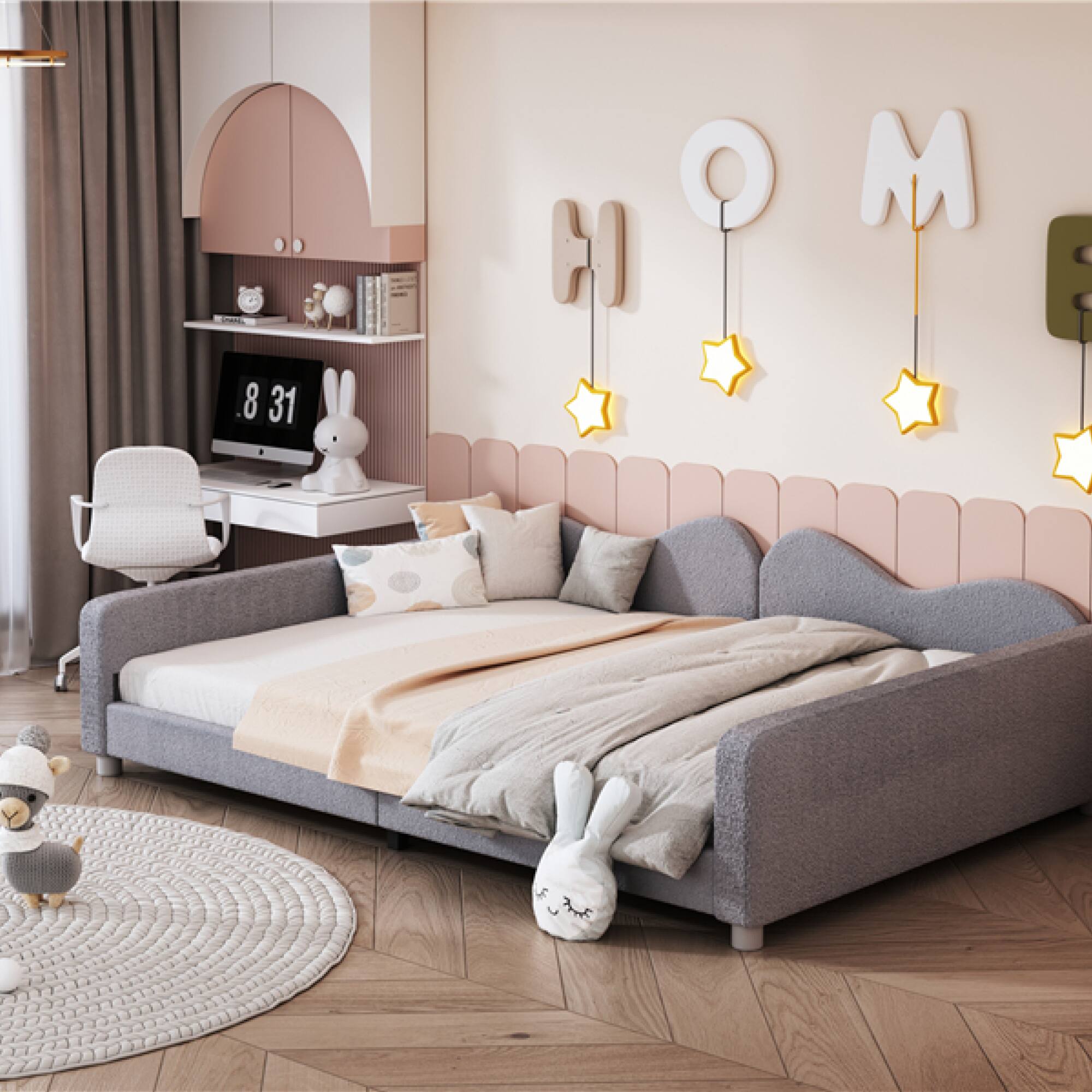 Alt View 6. GOODSILO - Full Size Upholstered Sherpa Fabric Sofabed with Cloud-Shaped Backrest Daybed No Box Spring Needed - Gray.