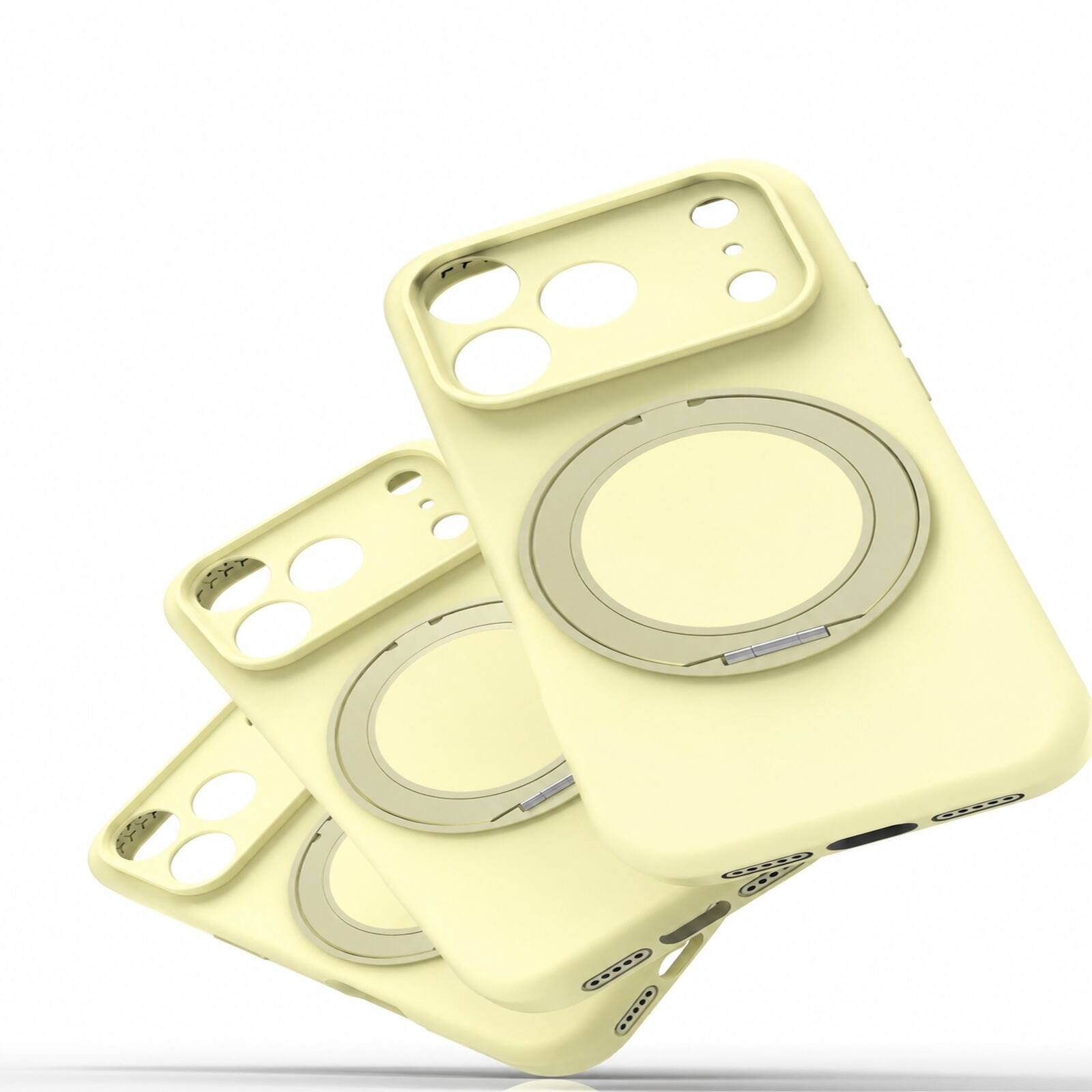 Back. Dteck - For Apple iPhone 18 Pro Liquid Silicone Magnetic Case Dual-layer 360° Ring Kickstand Soft Microfiber Lining Cover - Yellow.