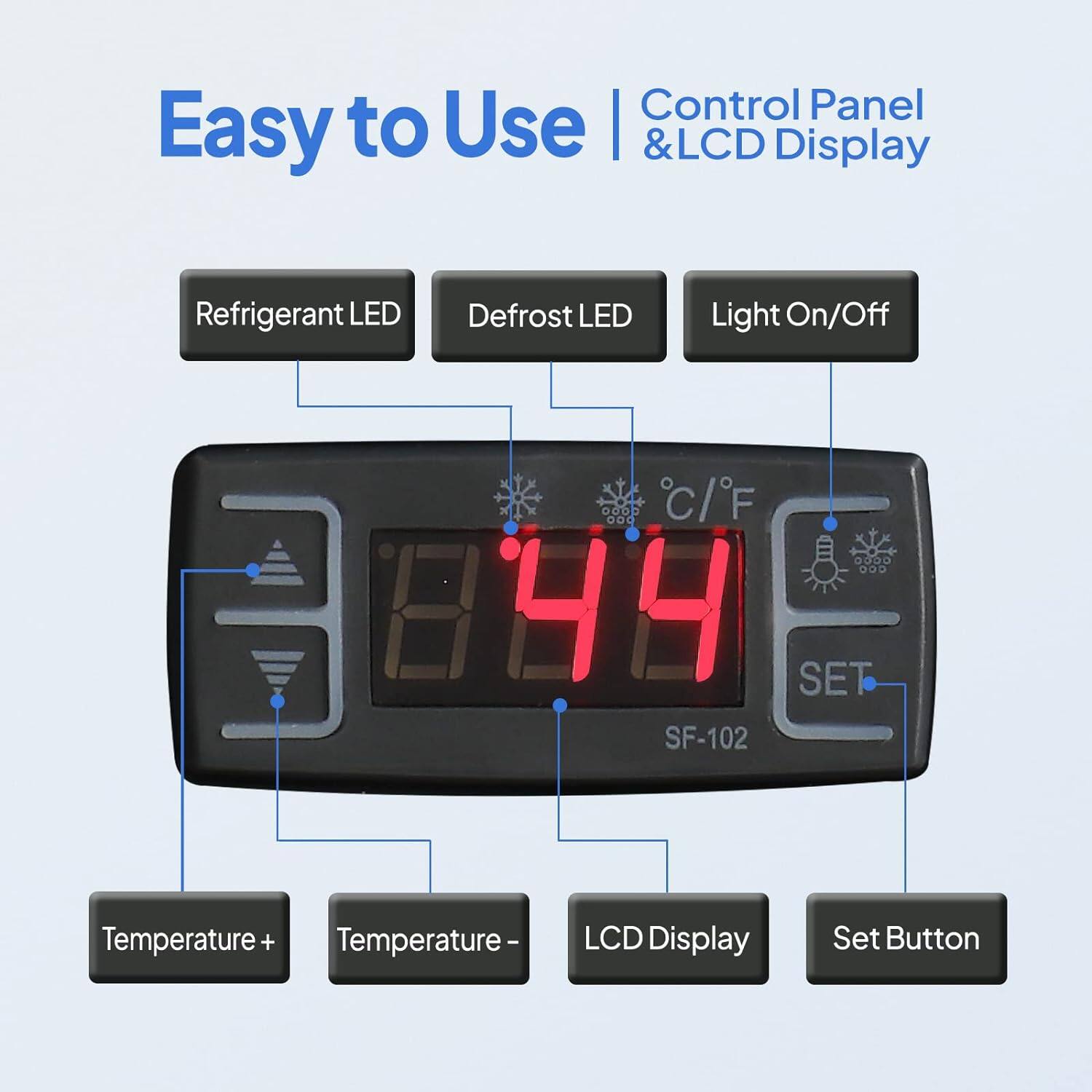 Easy to Use | Control Panel & LCD Display

- Refrigerant LED
- Defrost LED
- Light On/Off
- Temperature +
- Temperature -
- LCD Display
- Set Button