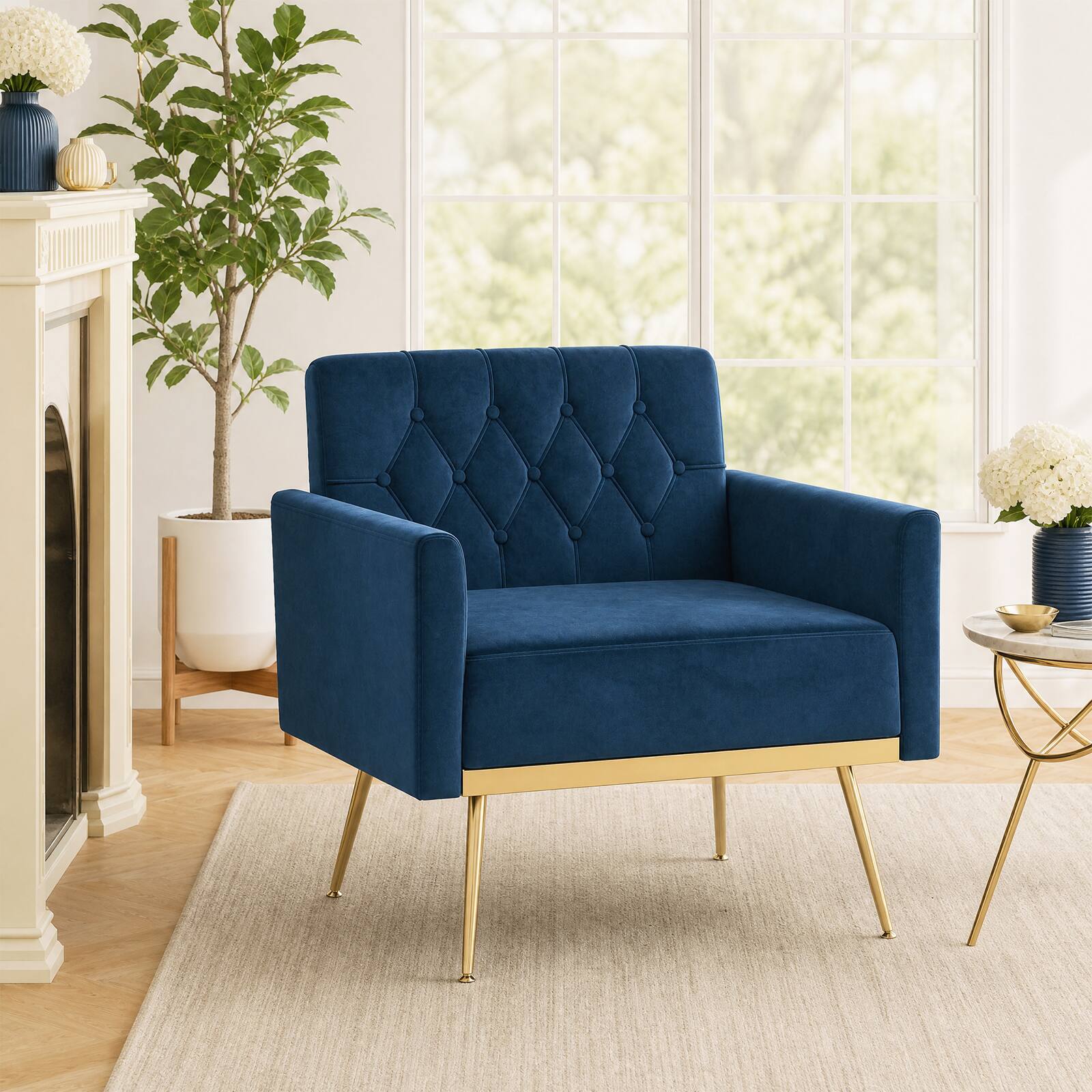 Alt View 1. Costway - Costway Mid-century Upholstered Accent Chair with Button Tufted Back, Golden Metal Legs - Blue.