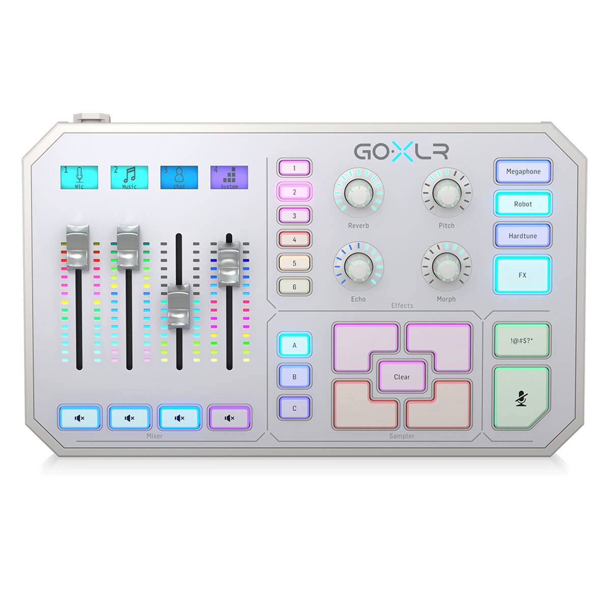 1. Mic
2. Music
3. Chat
4. System

1. Reverb
2. Pitch
3. Echo
4. Effects
5. Morph

Megaphone
Robot
Hardtune
FX

A
B
C

Clear
Sampler

Mixer

GOXLR

@#5"
