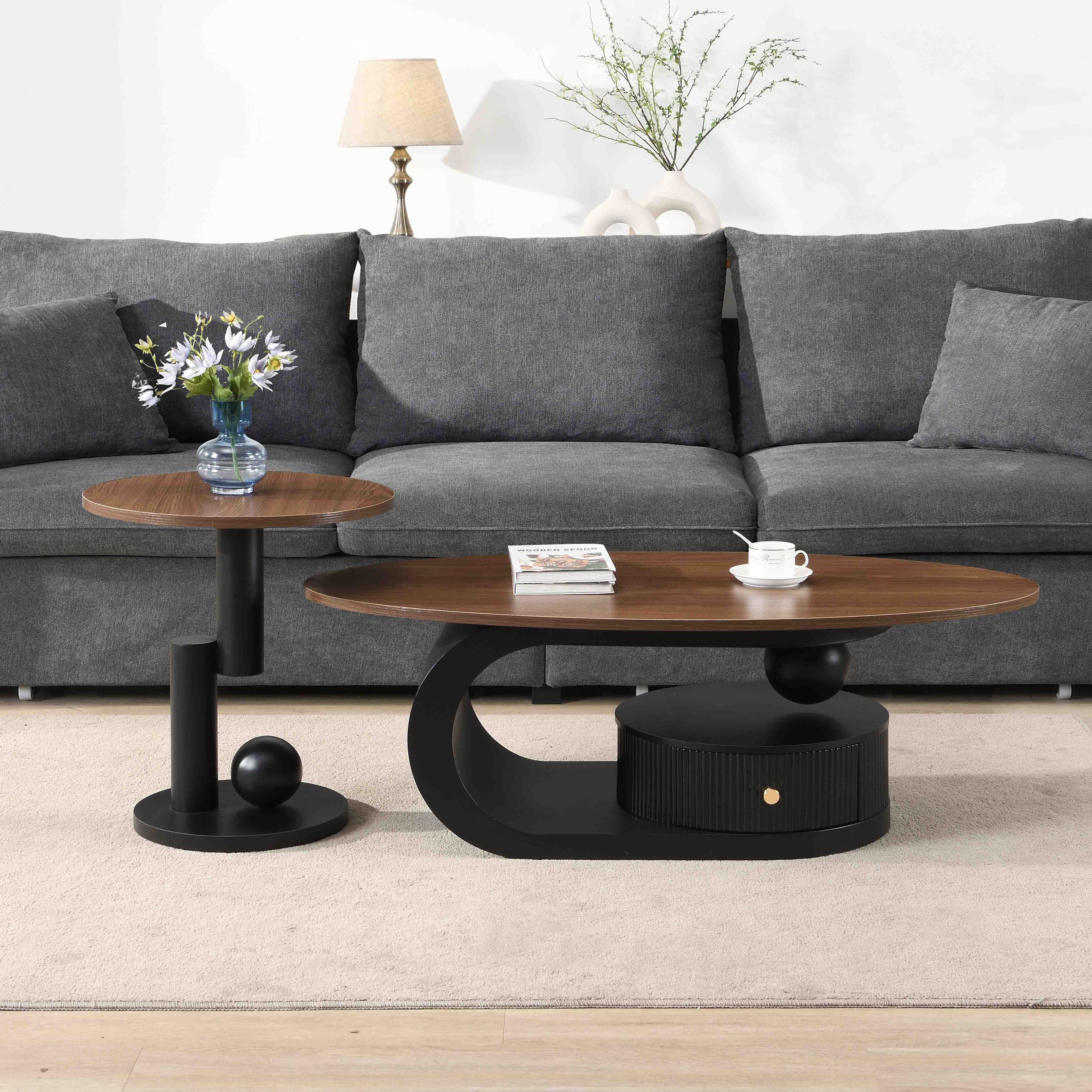 Loheer - Luxury Nesting Coffee Table Set of 2 Oval and Round Center Table with Storage - Black price history on PriceWatchPro
