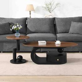 Loheer - Luxury Nesting Coffee Table Set of 2 Oval and Round Center Table with Storage - Black