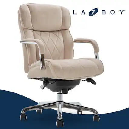 Front. La-Z-Boy - Ergonomic Office Chair with Lumbar Support Reclining Backrest & Adjustable Height Quilted Leather Executive Office Chair - Cream.