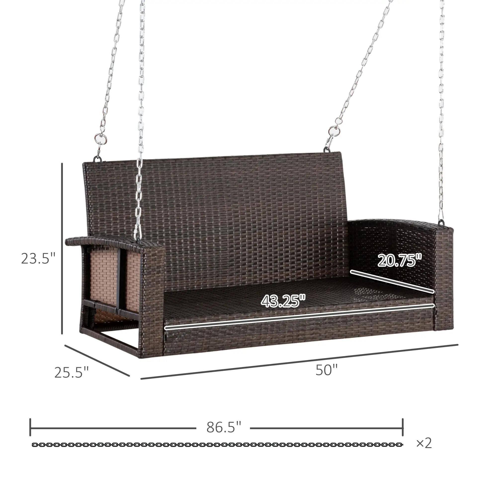 The dimensions of the swing are:

- Width: 50"
- Depth: 43.25"
- Height: 25.5"
- Seat Height: 20.75"
- Overall Length: 86.5" x2
- Overall Height: 23.5"