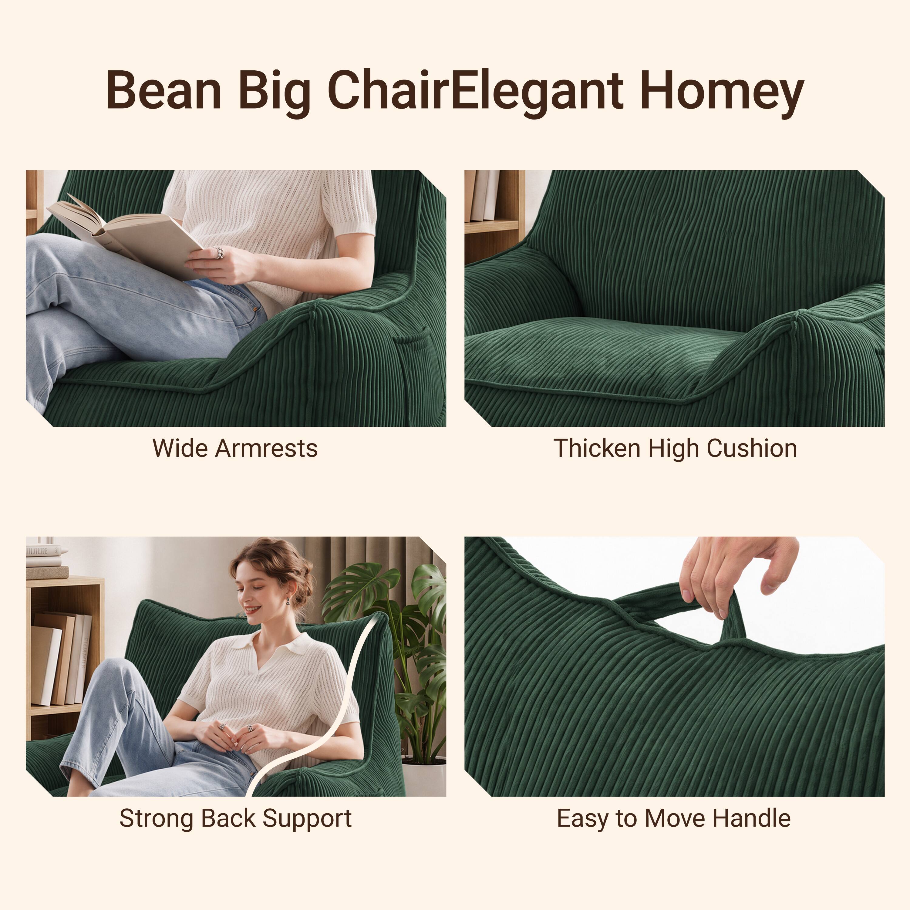 Bean Big Chair  
Elegant Homey  

- Wide Armrests  
- Thickened High Cushion  
- Strong Back Support  
- Easy to Move Handle
