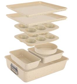 NutriChef - 8-Piece Stackable Bakeware Set – Non-Stick Carbon Steel, 450°F Heat Resistant Marble Cream (NCBKSTK11)