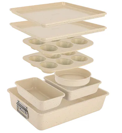 Front. NutriChef - NutriChef 8-Piece Stackable Bakeware Set – Non-Stick Carbon Steel, 450°F Heat Resistant Marble Cream (NCBKSTK11).