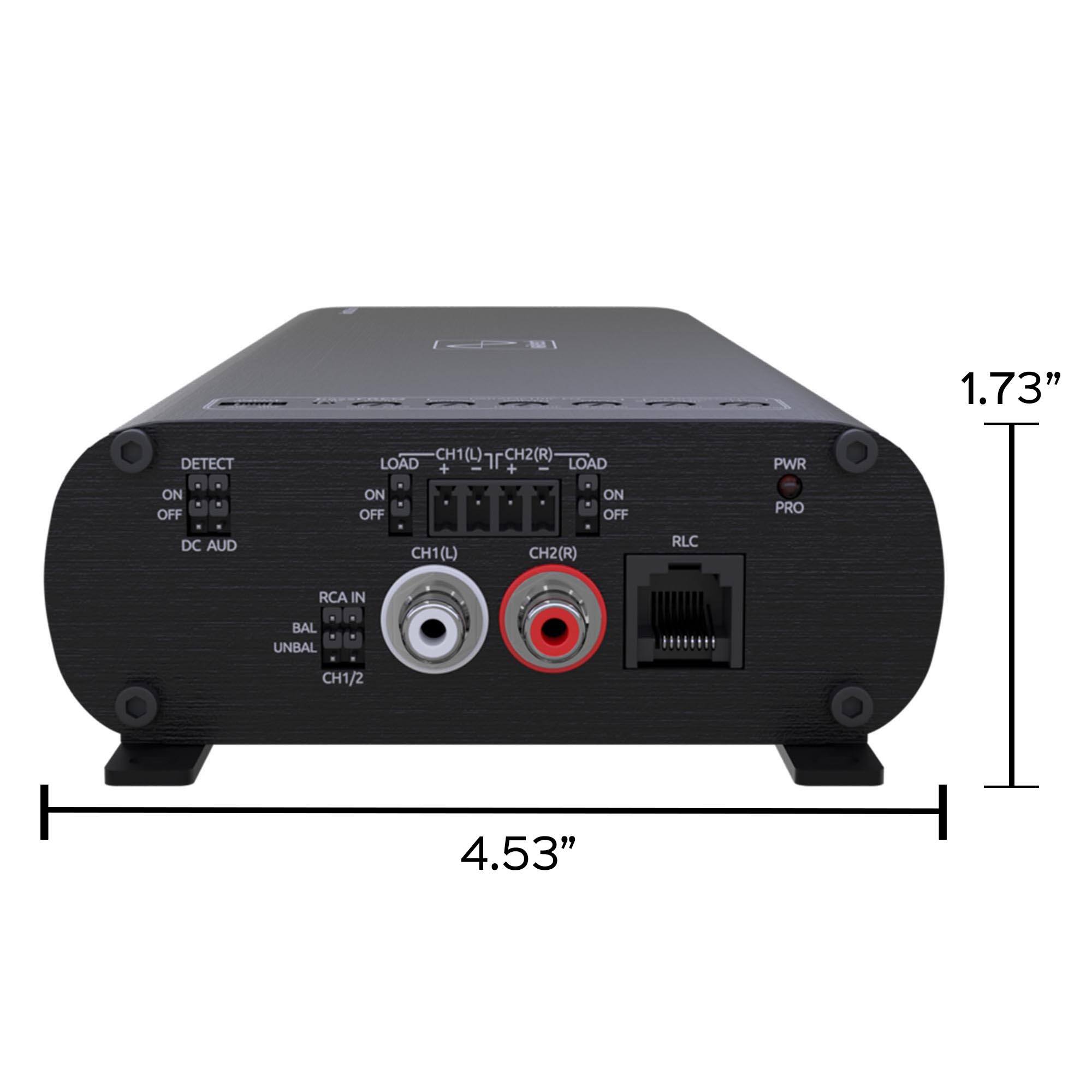 1.73" DETECT CH1(L) CH2(R) LOAD + + LOAD PWR ON OFF ON OFF ON OFF PRO DC AUD CH1(L) CH2(R) RLC RCA IN BAL UNBAL CH1/2 4.53"