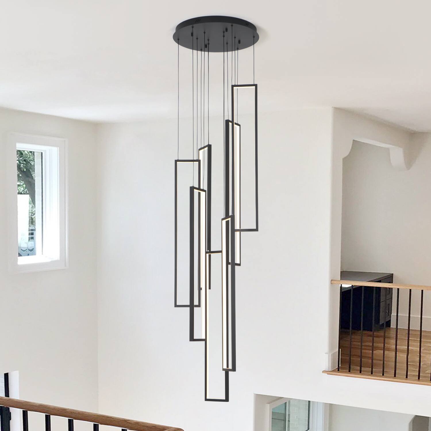 Alt View 1. Umeiluce - 7-Light Modern Chandelier High Ceiling Hallway Stairs Long Hanging Pendant Lighting - Matte Black.