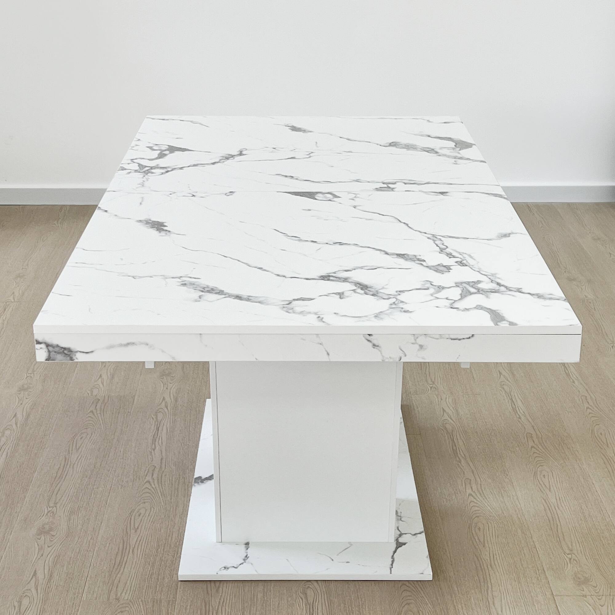 Alt View 7. Tiramisubest - Modern Extendable Dining Table for 4-10, White Faux Marble Wooden Rectangle Table with Dual Column Pedestal Base - White Marble.