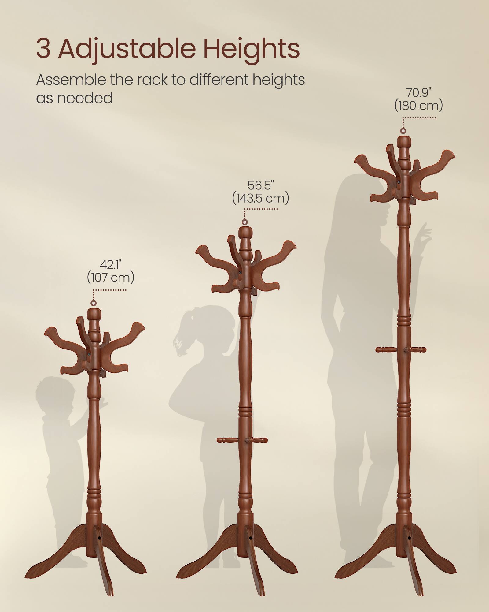 3 Adjustable Heights  
Assemble the rack to different heights as needed  

70.9" (180 cm)  
56.5" (143.5 cm)  
42.1" (107 cm)