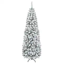 Costway - 6 FT Unlit Flocked Pencil Christmas Tree Hinged with 500 Branch Tips - Green/White