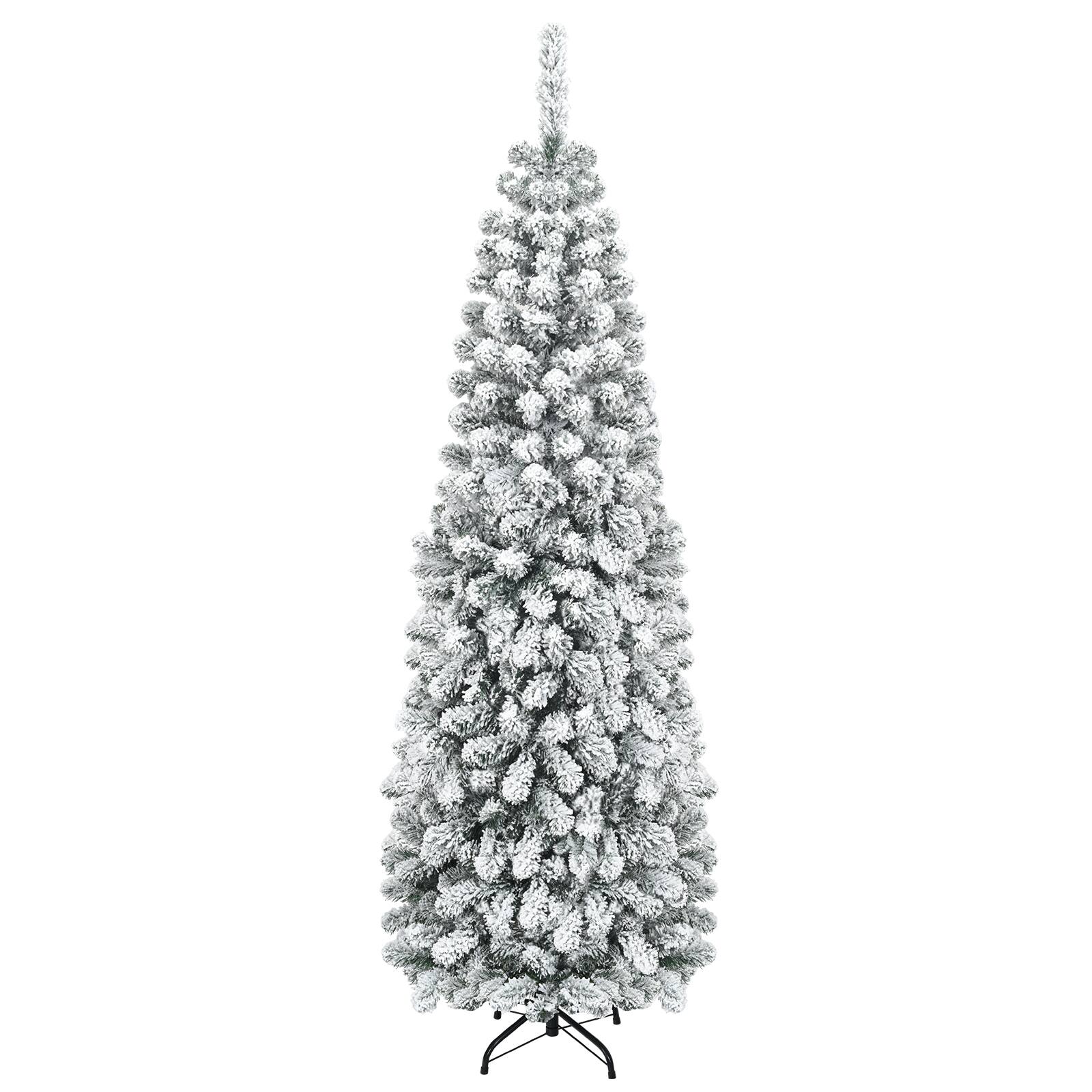 Front. Costway - 6 FT Unlit Flocked Pencil Christmas Tree Hinged with 500 Branch Tips - Green/White.