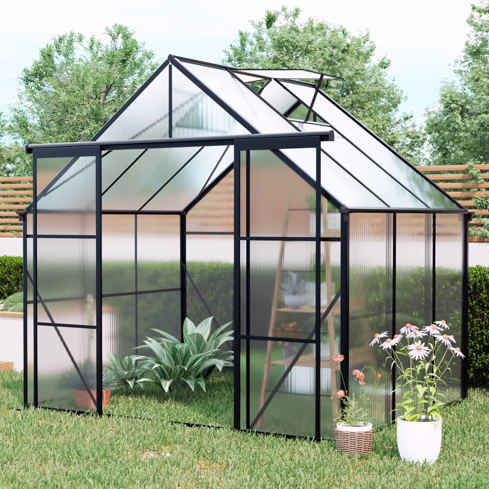 Angle. Mondawe - 8X6FT Double Door Polycarbonate Greenhouse - Black.