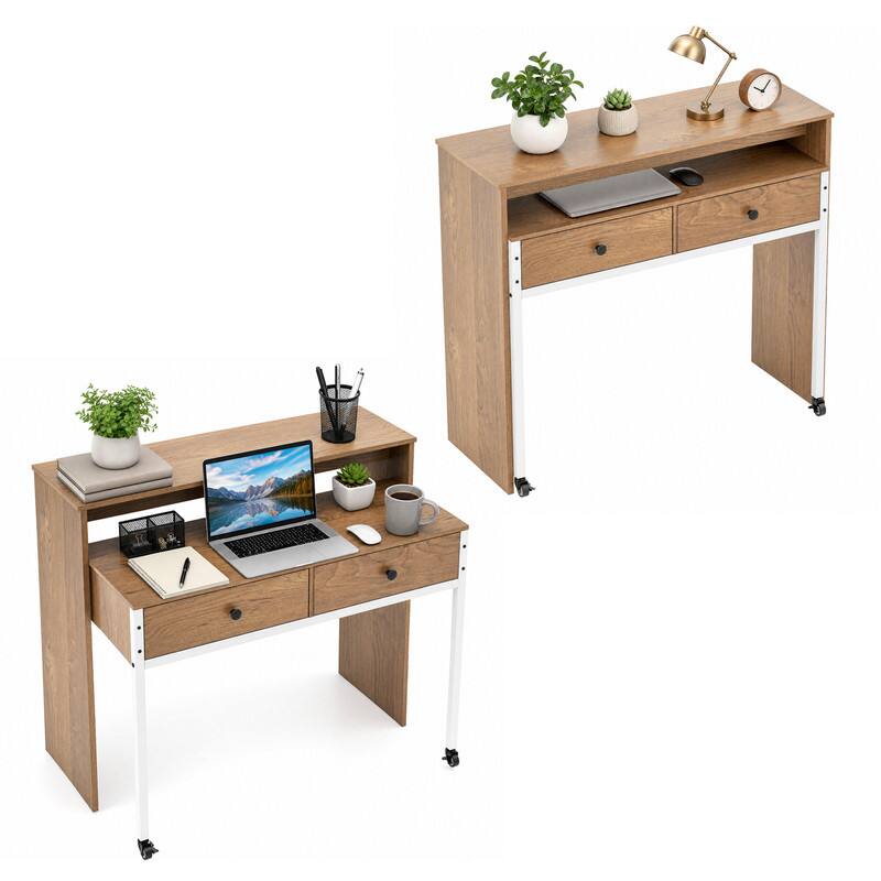 Left. WELLFOR - Extendable Computer Desk with 2 Drawers, Home Office Desk with Pull Out Secondary Desk for Study,Working,Writing - Natural.