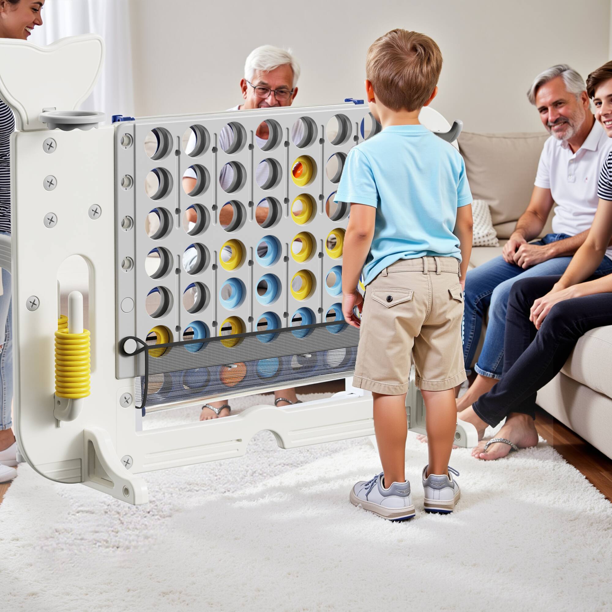 Left. ELEMENT ACE - 4-in-1 Adjustable Height Family Game Set with Basketball, Ring Toss, Golf,  Connect Four for Indoor and Outdoor - White+gray.